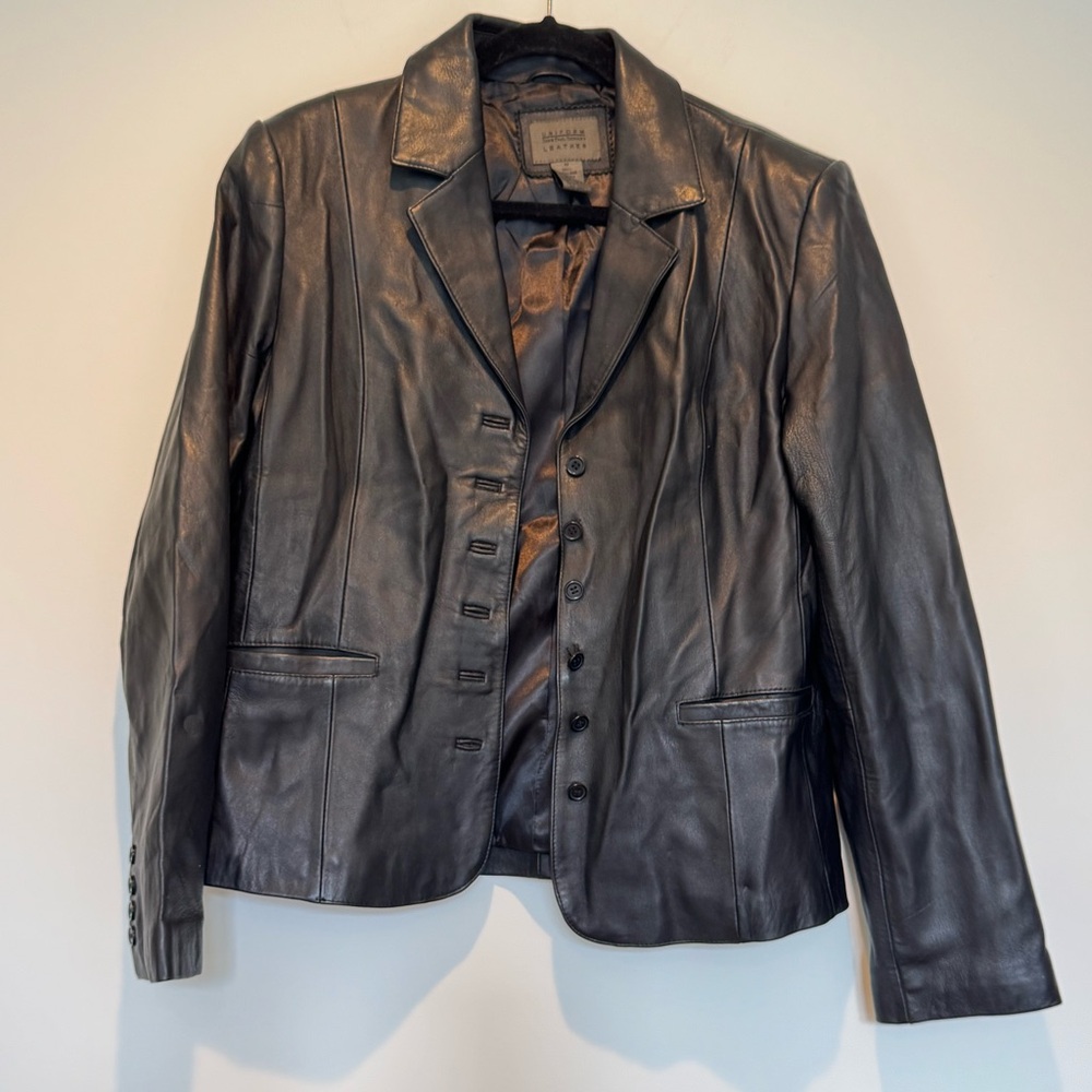 Leather Blazer-Style Jacket with Notched Lapel, Black, EUC